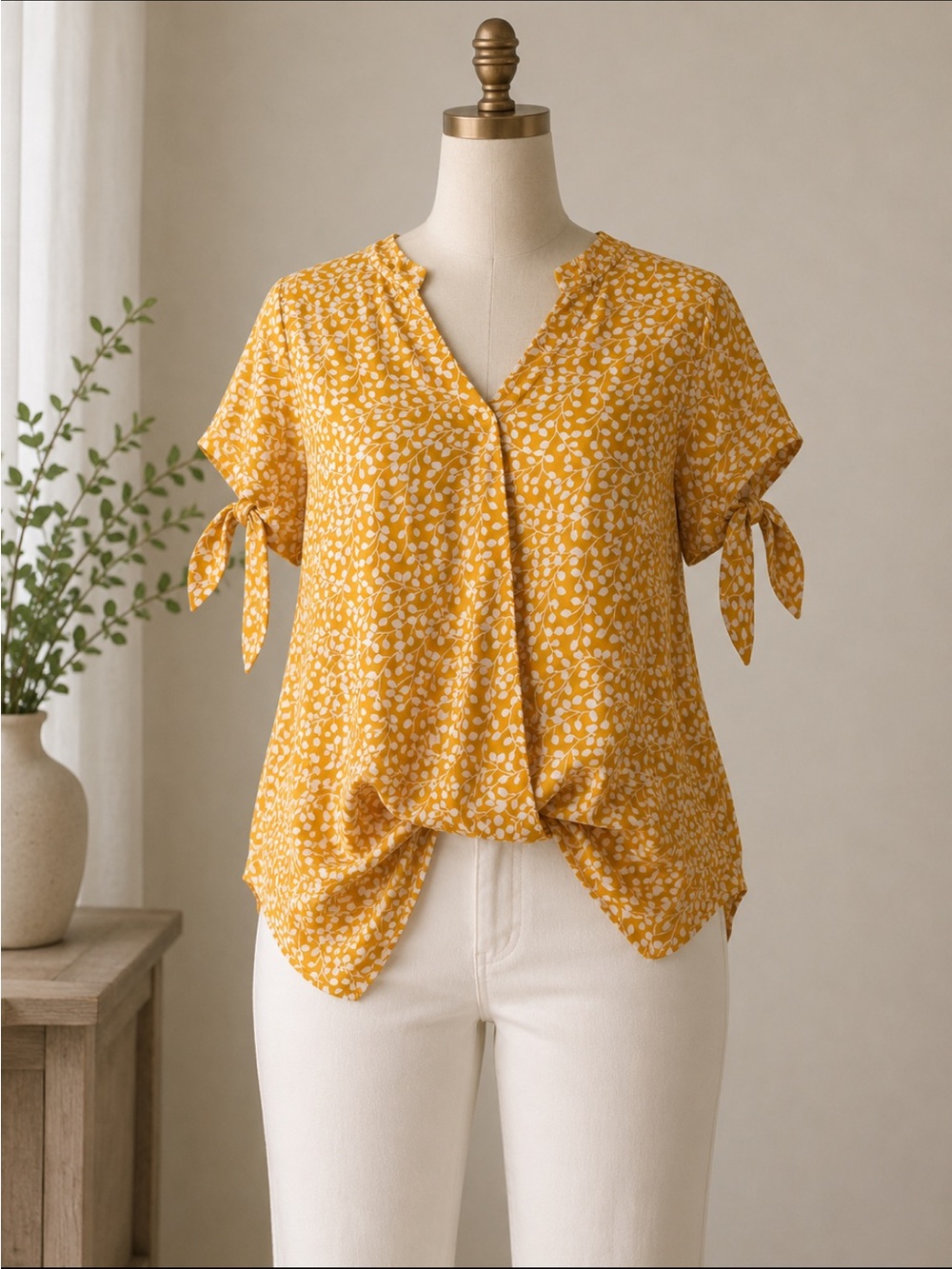 Lush Mustard Yellow Floral Twist-Front Tie-Sleeve Blouse